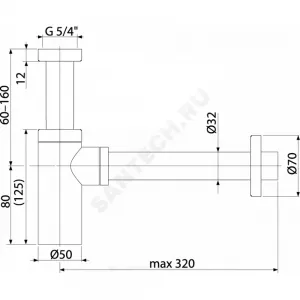 Сифон для умывальника бутылочный латунь 1 1/4"x32 с прямой трубкой 32 бронза без выпуска DESIGN Alca Plast A400ANTIC