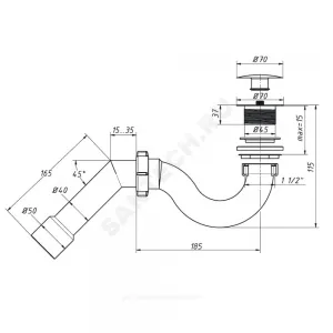 Сифон для поддона трубный 1 1/2"x50/40 с переходной трубкой 45гр слив клапан "клик-клак" (грибок), пробка D=70мм Орио А-20587
