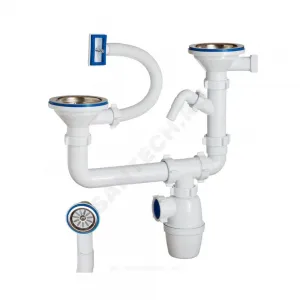 Сифон для кухонной мойки с двумя чашами бутылочный с гибким переливом 3 1/2"x40 с отводом (штуцером) выпуск с нержавеющей решёткой D=114мм Орио К-40093