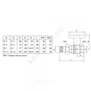Кран шаровой латунь никель Optibal Ду 25 Ру16 ВР/"американка" полнопроходной с Т-рукояткой удлиненная ручка Oventrop 1075708