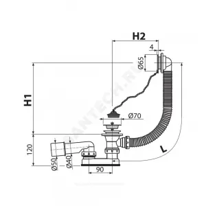 Слив-перелив для ванны плоский с пробкой на цепочке 1 1/2"x40 с переходной трубкой 10гр 40/50 выпуск с нержавеющей решёткой D=70мм Alca Plast A501