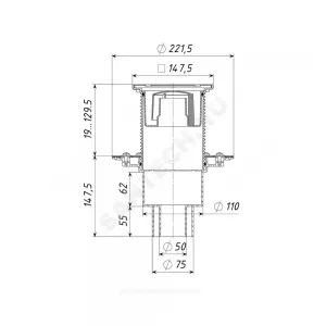 Трап регулируемый с гидрозатвором Дн 50/75/110 с нержавеющей решёткой 150х150мм вертикальный выпуск Татполимер ТП-310.1Hs