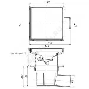 Трап регулируемый с "сухим" затвором Дн 50 с нержавеющей решёткой 150х150мм горизонтальный выпуск АНИ Пласт TQ5812