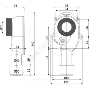 Сифон для писсуара встраиваемый DN50x40/50 вертикальный выпуск с резиновой манжетой D=50мм Alca Plast A45C
