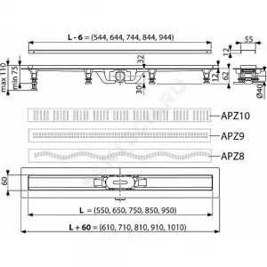 Лоток душевой с гидрозатвором+механический сухой затвор Дн 40 950х60мм с нержавеющей решеткой горизонтальный выпуск Alca Plast APZ10-950M