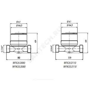 Счётчик г/в крыльчатый одноструйный Ду 15 Ру10 Qn=1,5 м3/ч 90С L=80мм резьба импульсный Б/К WFW24 Итэлма WFW24.D080