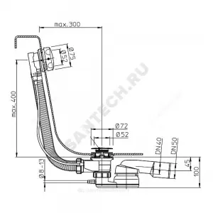 Слив-перелив для ванны плоский полуавтоматический (тросик) 1 1/2" с переходной трубкой 10гр 40/50 слив клапан, пробка D=72мм HL HL555N