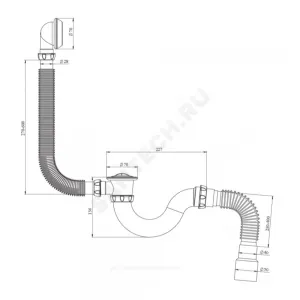 Слив-перелив для ванны трубный с пробкой на цепочке 1 1/2"x40 с гофрой 40х40/50 с нержавеющей решёткой D=70мм Unicorn S32