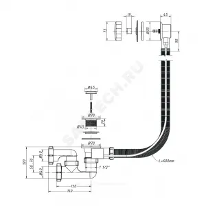 Слив-перелив для ванны регулируемый полуавтоматический (тросик) 1 1/2"x40 слив клапан, пробка D=45мм Орио А-2708