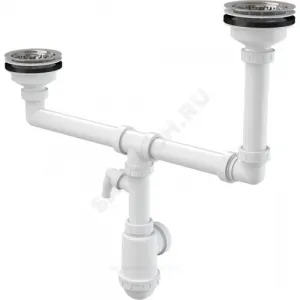 Сифон для кухонной мойки с двумя чашами бутылочный 3 1/2"x40/50 с отводом (штуцером) выпуск с нержавеющей решёткой D=115мм Alca Plast A454P
