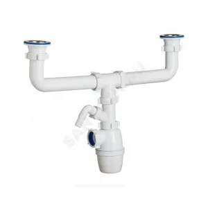 Сифон для кухонной мойки с двумя чашами бутылочный 1 1/2"x40 с отводом (штуцером) выпуск с нержавеющей решёткой D=70мм Орио К-4059