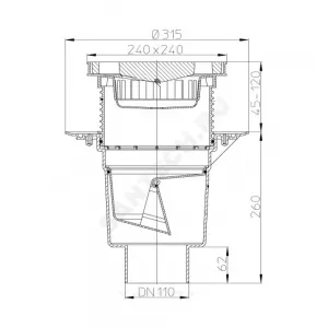 Трап регулируемый с "сухим" затвором Дн 160 с чугунной решёткой 240х240мм с обжимным фланцем и подрамником из ПП вертикальный выпуск серия PERFEKT HL HL616/5