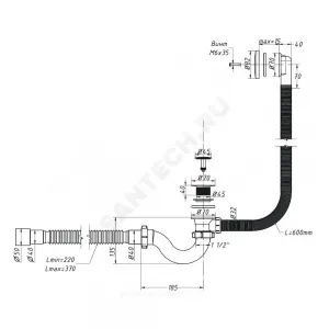 Слив-перелив для ванны трубный автоматический 1 1/2"x40 с гофрой 40х40/50 слив клапан "клик-клак", пробка D=45мм Орио А-20089