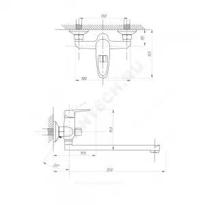 Смеситель для ванны с душем одноручный КОМПЛЕКТАЦИЯ ПСМ-104 Профсан PSM-104-2