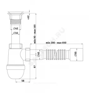 Сифон для умывальника/мойки бутылочный 1 1/4"x40 с гофрой 40х50 литой выпуск с пластиковой решёткой Варяг АНИ Пласт C5010