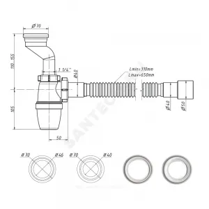 Сифон для писсуара бутылочный 1 1/4"x40 с гофрой 40х40/50 литой выпуск с резиновой манжетой D=40мм и D=46мм Орио P-31009
