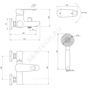 Смеситель для ванны с душем одноручный Коттедж Л-Серия Славен СЛ-ОД-Л30