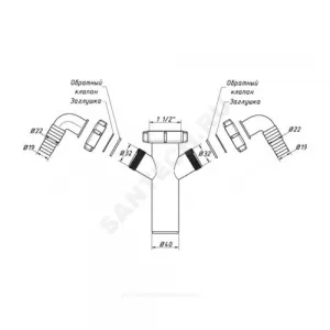 Патрубок для сифона 1 1/2"x40 с 2-мя отводами (штуцерами) Орио А-4176