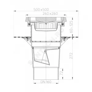Трап регулируемый с "сухим" затвором Дн 160 с чугунной решёткой 226х226мм с полимербитумным полотном и подрамником из чугуна вертикальный выпуск серия PERFEKT HL 616.1H/5