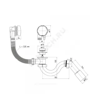 Слив-перелив для ванны трубный полуавтоматический (тросик) 1 1/2"x40 с переходной трубкой 45гр 40/50 слив клапан, пробка D=46мм АНИ Пласт EM411