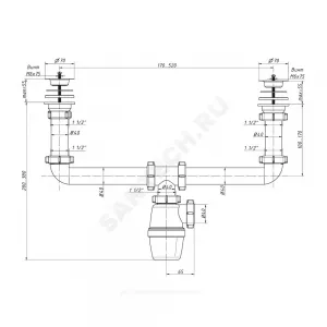 Сифон для кухонной мойки с двумя чашами бутылочный 1 1/2"x40 выпуск с нержавеющей решёткой D=70мм Орио А-4009