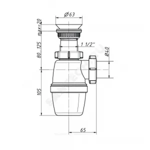 Сифон для кухонной мойки бутылочный 1 1/2"x40 выпуск с пластиковой решёткой D=63мм Орио А-7205