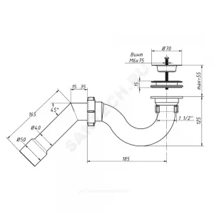 Сифон для поддона трубный 1 1/2"x50/40 с переходной трубкой 45гр выпуск с нержавеющей решёткой D=70мм Орио А-42587