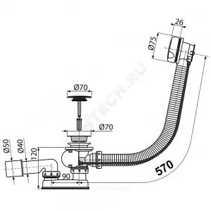 Слив-перелив для ванны плоский полуавтоматический (тросик) 1 1/2"x40 с переходной трубкой 10гр 40/50 слив клапан, пробка пластик белый D=70мм Alca Plast A51BM