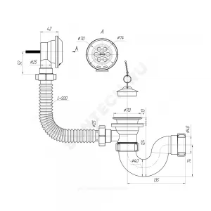 Слив-перелив для ванны трубный с пробкой на цепочке 1 1/2"x40 выпуск с нержавеющей решёткой D=70мм АНИ Пласт E150