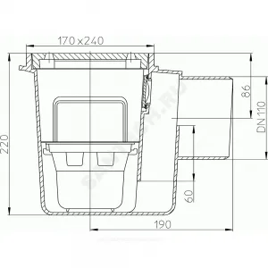 Трап для подвалов и тех.помещений нерегулируемый с гидрозатвором Дн 110 с пластиковой решёткой 155х225мм горизонтальный выпуск HL HL71