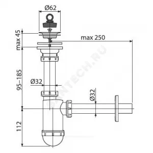Сифон для умывальника бутылочный 1 1/4"x32 с прямой трубкой 32 выпуск с нержавеющей решёткой D=63мм Alca Plast A411
