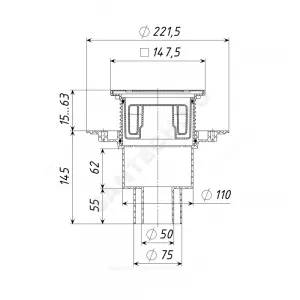 Трап регулируемый с поплавковым "сухим" затвором Дн 50/75/110 с нержавеющей решёткой 150х150мм вертикальный выпуск Татполимер ТП-1712Ds