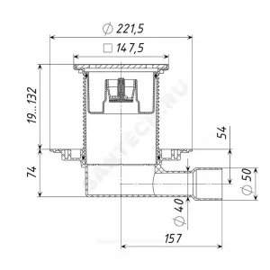 Трап регулируемый с механическим "сухим" затвором Дн 40/50 с чугунной решёткой 150х150мм горизонтальный выпуск Татполимер ТП-510PMs