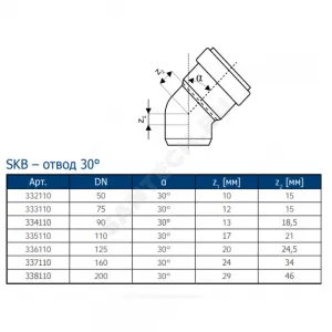 Отвод PP-MD бесшумная серый Skolan dB SKB Дн 58х30гр (DN56) б/нап в/к Ostendorf 332110