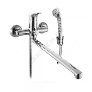 Смеситель для ванны с душем одноручный плоский излив, душевой шланг н/ж сталь, хромированная пластиковая лейка и кронштейн Стройка ЦС-СМ 300-4 D35 М-42 Центр Сантехники (Подольск) СТ300003