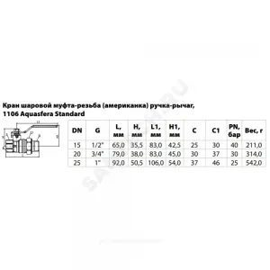Кран шаровой латунь никель 1106 Standard Ду 15 Ру40 ВР/"американка" полнопроходной рычаг Aquasfera 1106-01