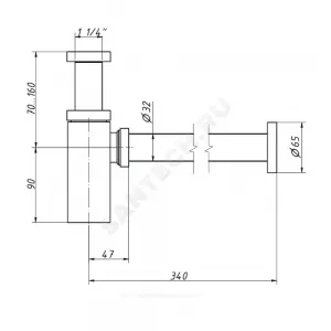 Сифон для умывальника бутылочный латунь 1 1/4"x32 с прямой трубкой 32 бронза без выпуска Орио CB-405