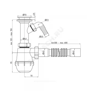 Сифон для умывальника/мойки бутылочный 1 1/2"x40 с гофрой 40х40 с отводом (штуцером) литой выпуск с нержавеющей решёткой D=70мм Ани Грот АНИ Пласт A2005