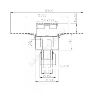 Трап регулируемый с гидрозатвором Дн 50/75/110 с нержавеющей решёткой 147х147мм с полимербитумным полотном вертикальный выпуск HL HL317H