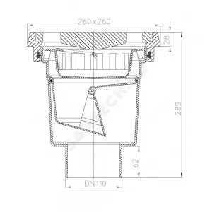 Трап нерегулируемый с "сухим" затвором Дн 110 с чугунной решёткой 226х226мм с подрамником из чугуна вертикальный выпуск серия PERFEKT HL HL606.1/1