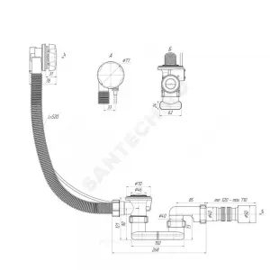 Слив-перелив для ванны плоский полуавтоматический (тросик) 1 1/2"x40 с гофрой 40х50 слив клапан, пробка D=46мм АНИ Пласт ЕМ701