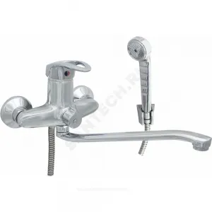 Смеситель для ванны с душем одноручный плоский S-образный излив, душевой шланг н/ж сталь, хромированная пластиковая лейка и кронштейн ЭКО ЦС-СМ 300-4 М-43 Центр Сантехники (Подольск) ЭП400021