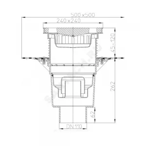 Трап регулируемый с гидрозатвором Дн 110 с чугунной решёткой 226х226мм с полимербитумным полотном и подрамником из ПП вертикальный выпуск серия PERFEKT HL HL616HW/1