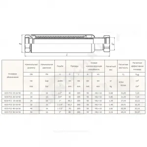 Компенсатор сильфонный осевой многослойный с кожухом с внутренним экраном КСО-P/2 Ду 15 Ру16 ВР патрубки сталь оц L=285мм Hortum 0190015-050