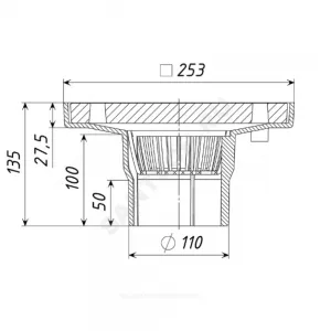 Трап чугун вертикальный ТП-113 квадратный с грязеуловителем с чугунной решеткой Ду 100 Татполимер ТП-113.110-250VP