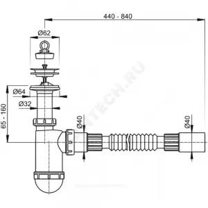Сифон для умывальника бутылочный 1 1/4"x40 с гофрой 40х40 литой выпуск с нержавеющей решёткой D=63мм Alca Plast A41+A710