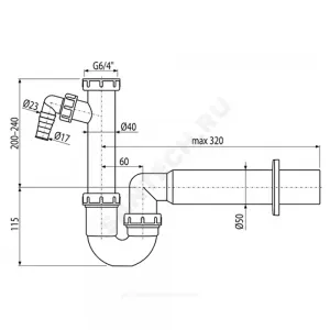 Сифон для кухонной мойки трубный 1 1/2"x40 с прямой трубкой с отводом (штуцером) без выпуска Alca Plast A81-DN50
