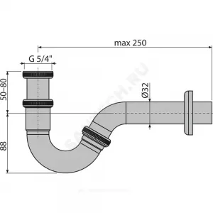 Сифон для биде трубный латунь 1 1/4"x32 с прямой трубкой 32 без выпуска Alca Plast A45G