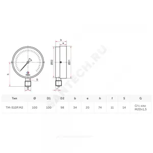 Манометр ТМ-510Р.00 (М2) радиальный Дк100мм 0-0,25 МПа кл.1,5 G1/2" Росма 00000007644