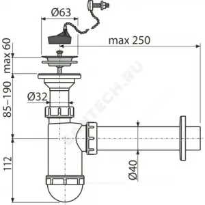 Сифон для умывальника бутылочный 1 1/4"x40 с прямой трубкой 40 литой выпуск с нержавеющей решёткой D=63мм Alca Plast A41R